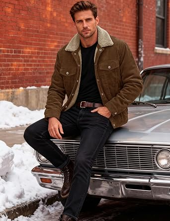 Man wearing a textured corduroy jacket sitting on a vintage car in the snow