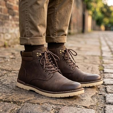 Close-up of Vostey men's hiking boots on a cobblestone street