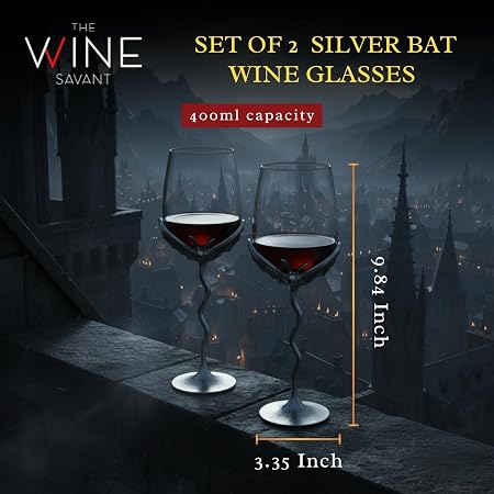 Gothic silver bat stem wine glasses set