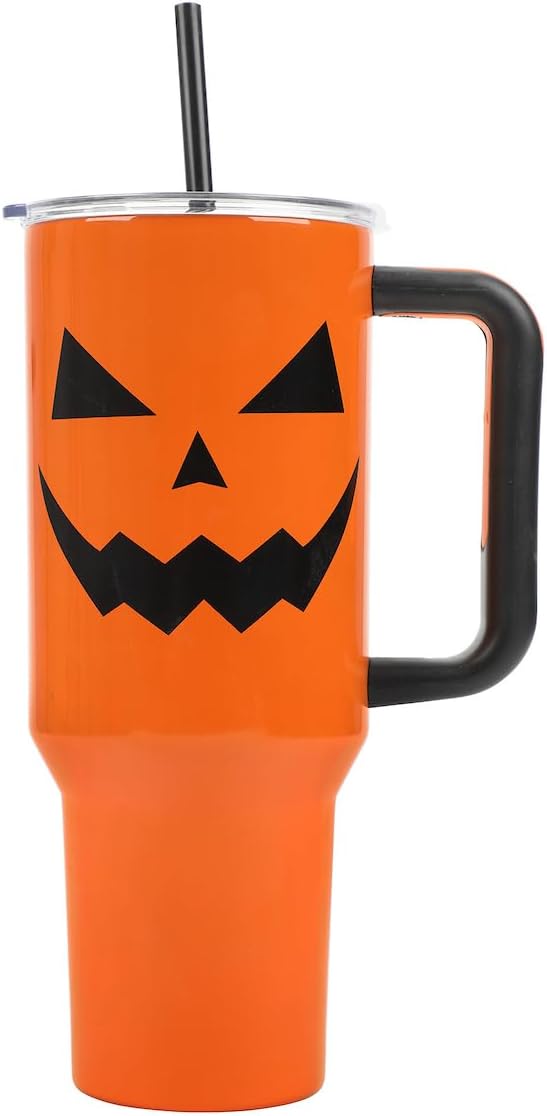 Jack-o-lantern shaped insulated tumbler