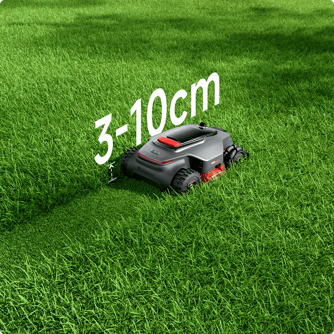 MOVA LiDAX Ultra robot mower on thick green grass, 3-10cm cutting height text overlay