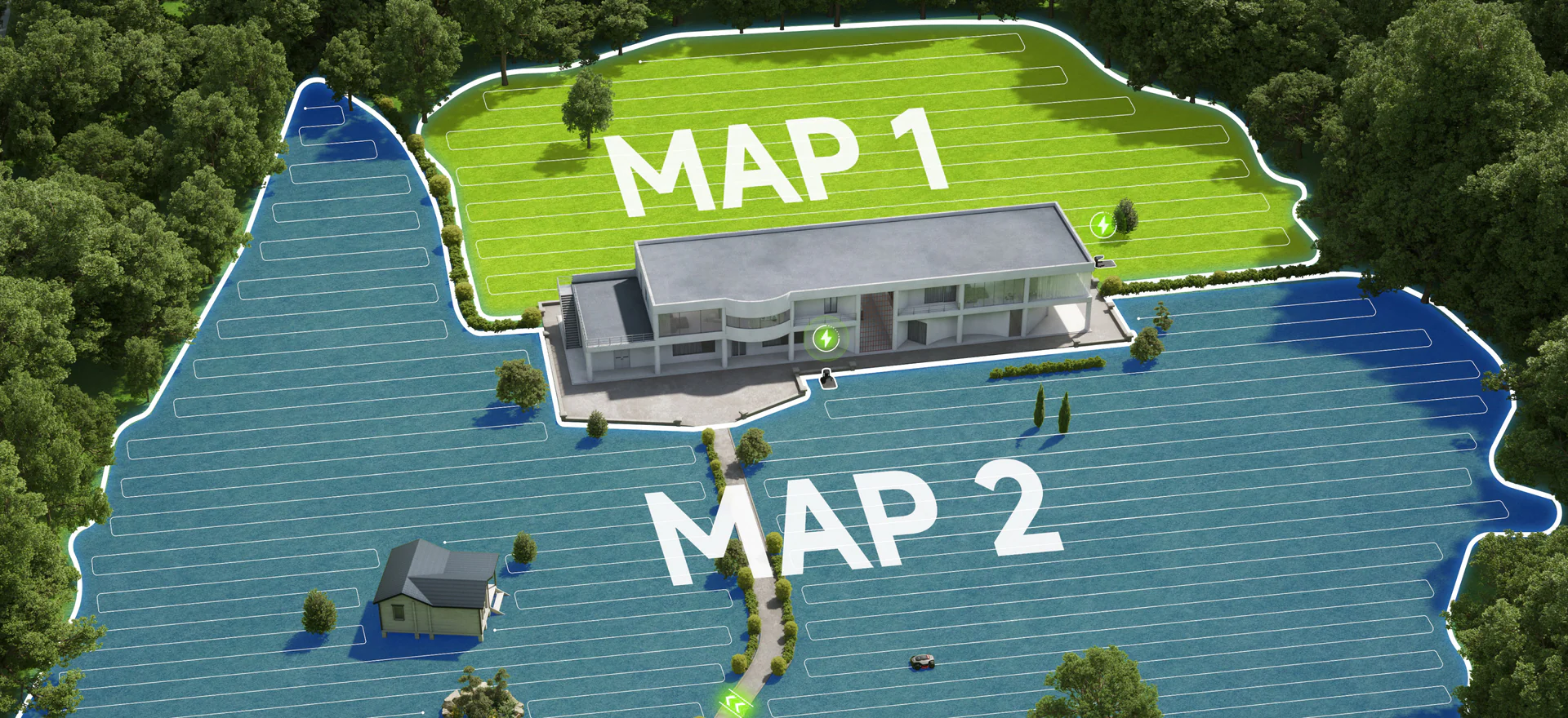 MOVA LiDAX Ultra dual map showing front garden (Map 1) and back garden (Map 2) with separate charging stations