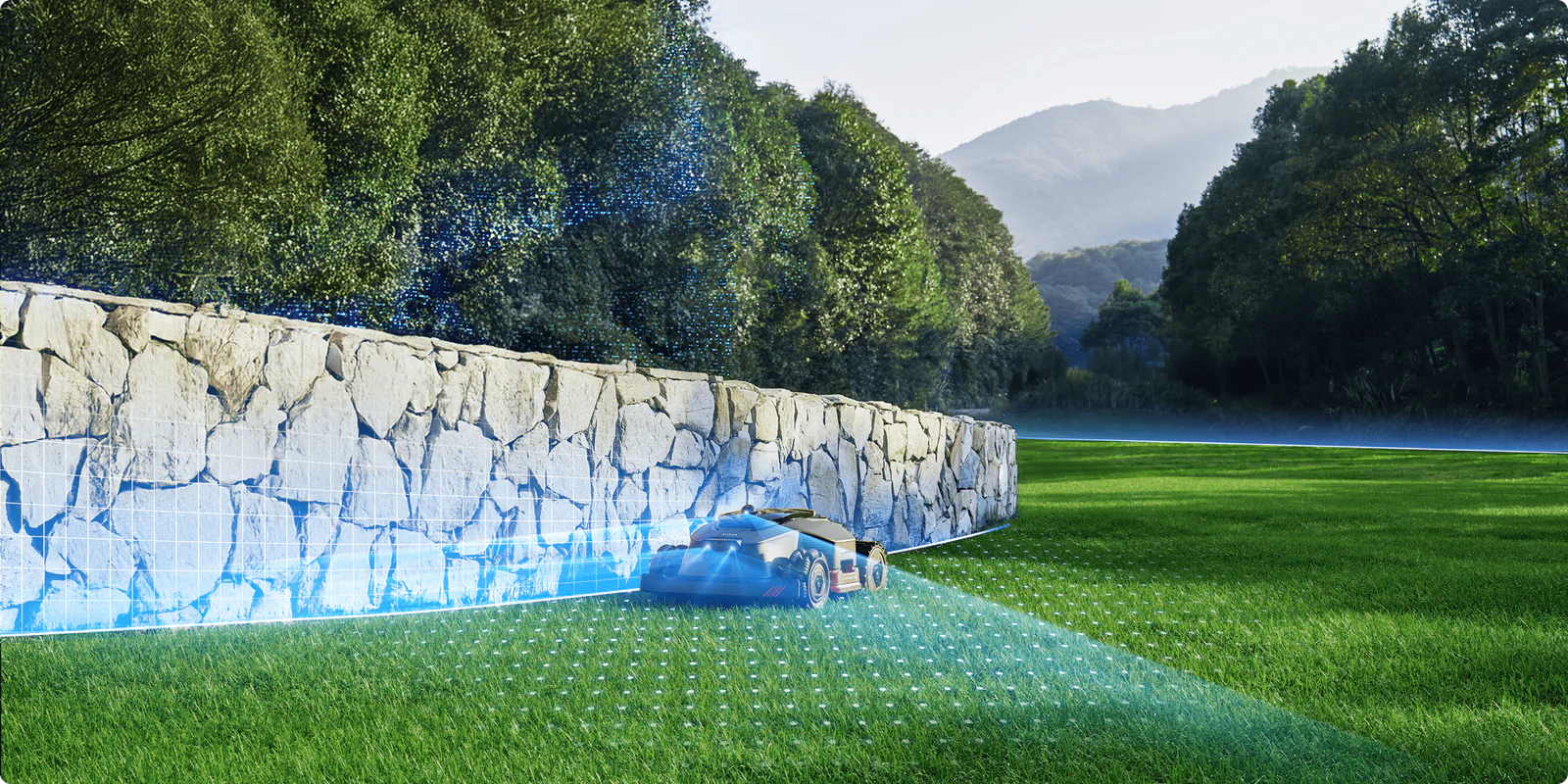 MOVA LiDAX Ultra LiDAR scanning along a stone garden wall, creating a virtual boundary