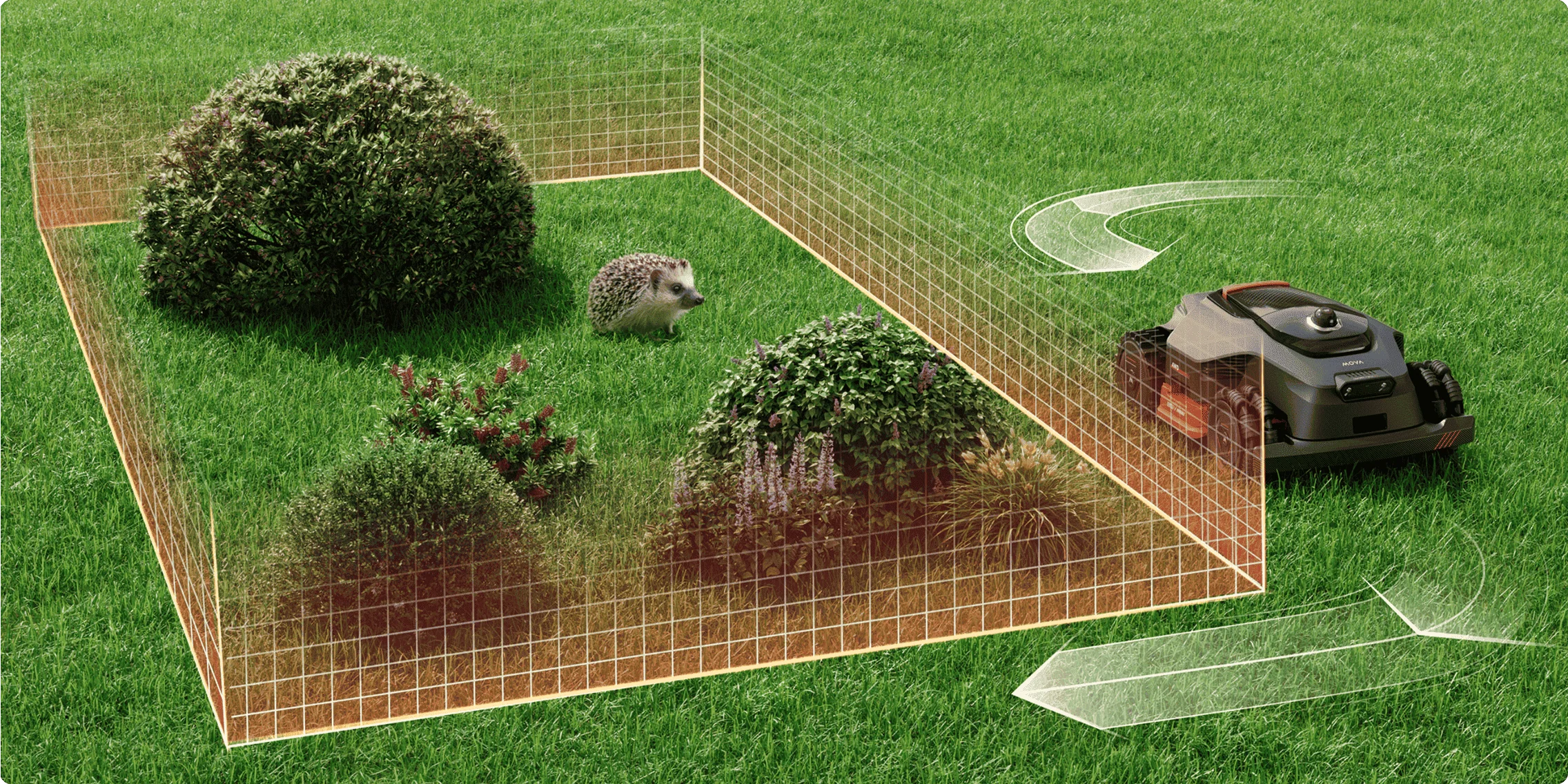 MOVA LiDAX Ultra no-go zone shown as orange grid, with hedgehog and garden bushes inside the exclusion area, mower routing around it