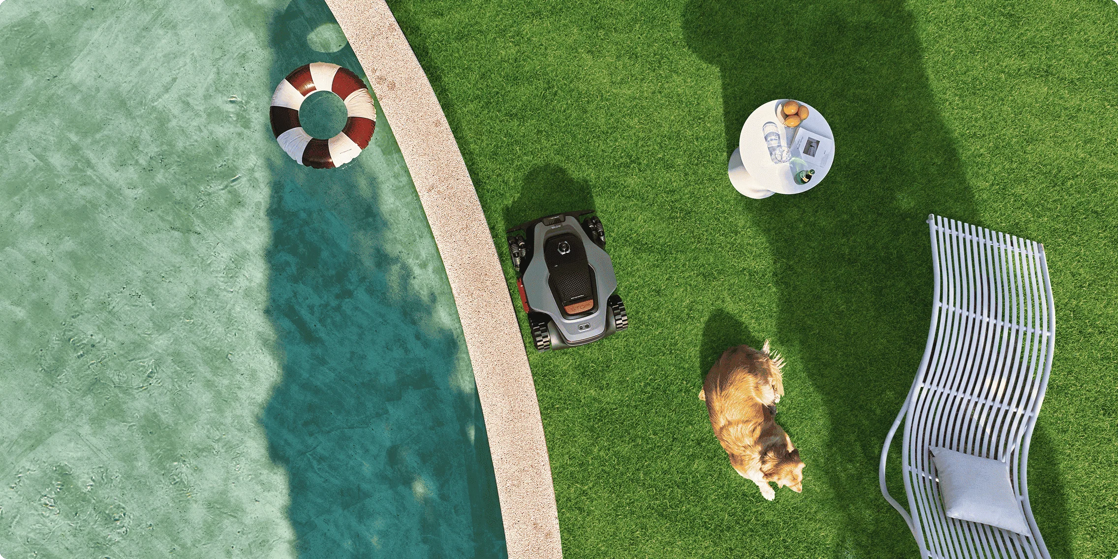 Aerial view of MOVA LiDAX Ultra operating near pool edge with dog lying nearby