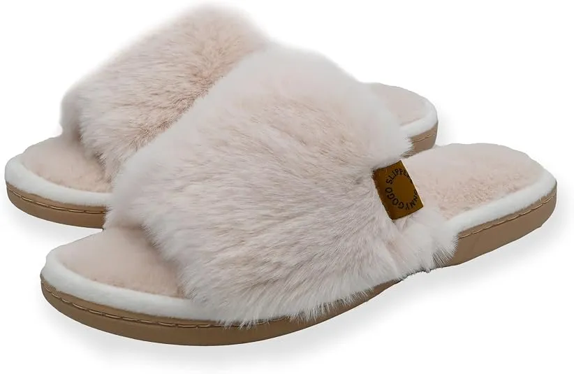 Faux fur open toe house slippers