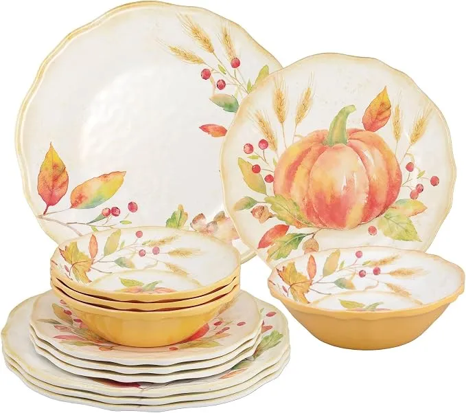 12 piece harvest pumpkin melamine dinnerware set