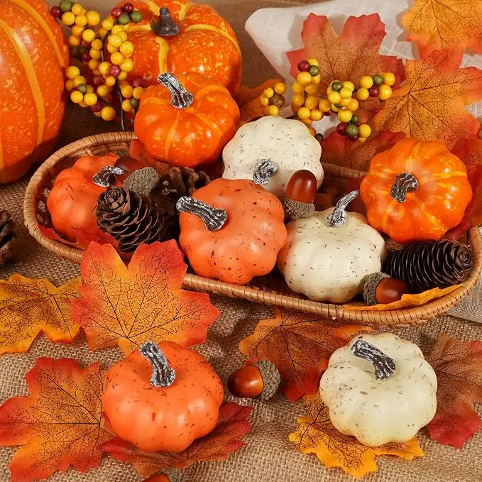 Mini pumpkins and fall leaves centerpiece set