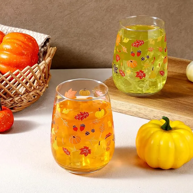 Thanksgiving stemless wine glasses set